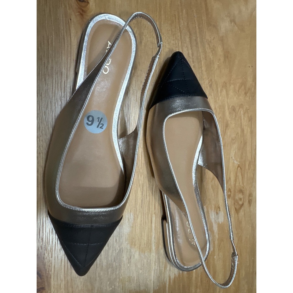 Aldo Womens Slingback Flats Pointed Toe Quilted Cap Toe Metallic Gold Black 9.5